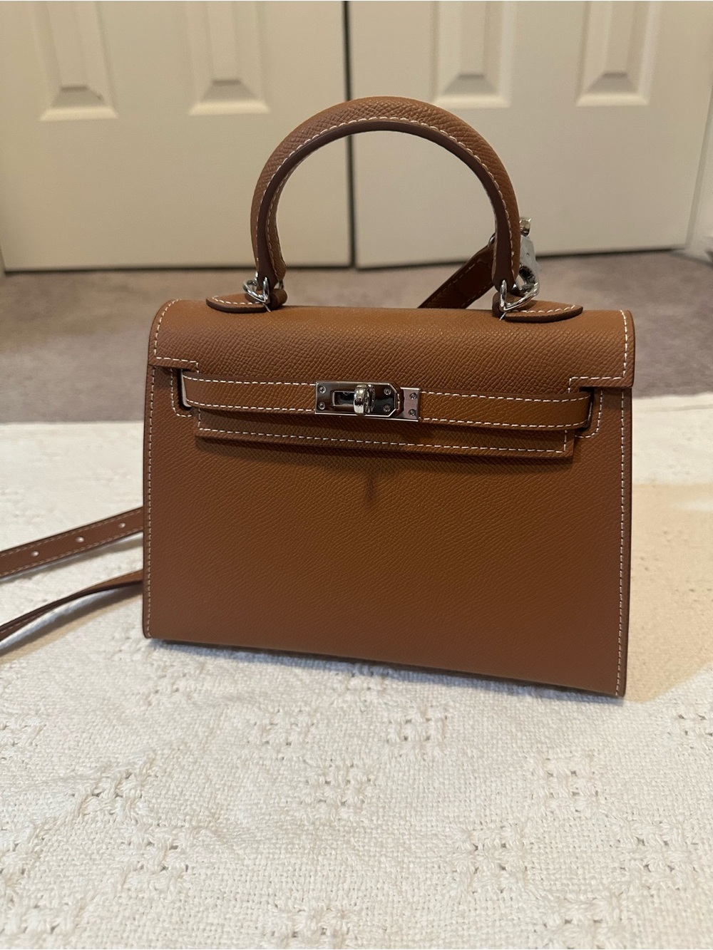 Faux leather Structured Top-Handle Bag Brown (mini kelly dupe) no logo